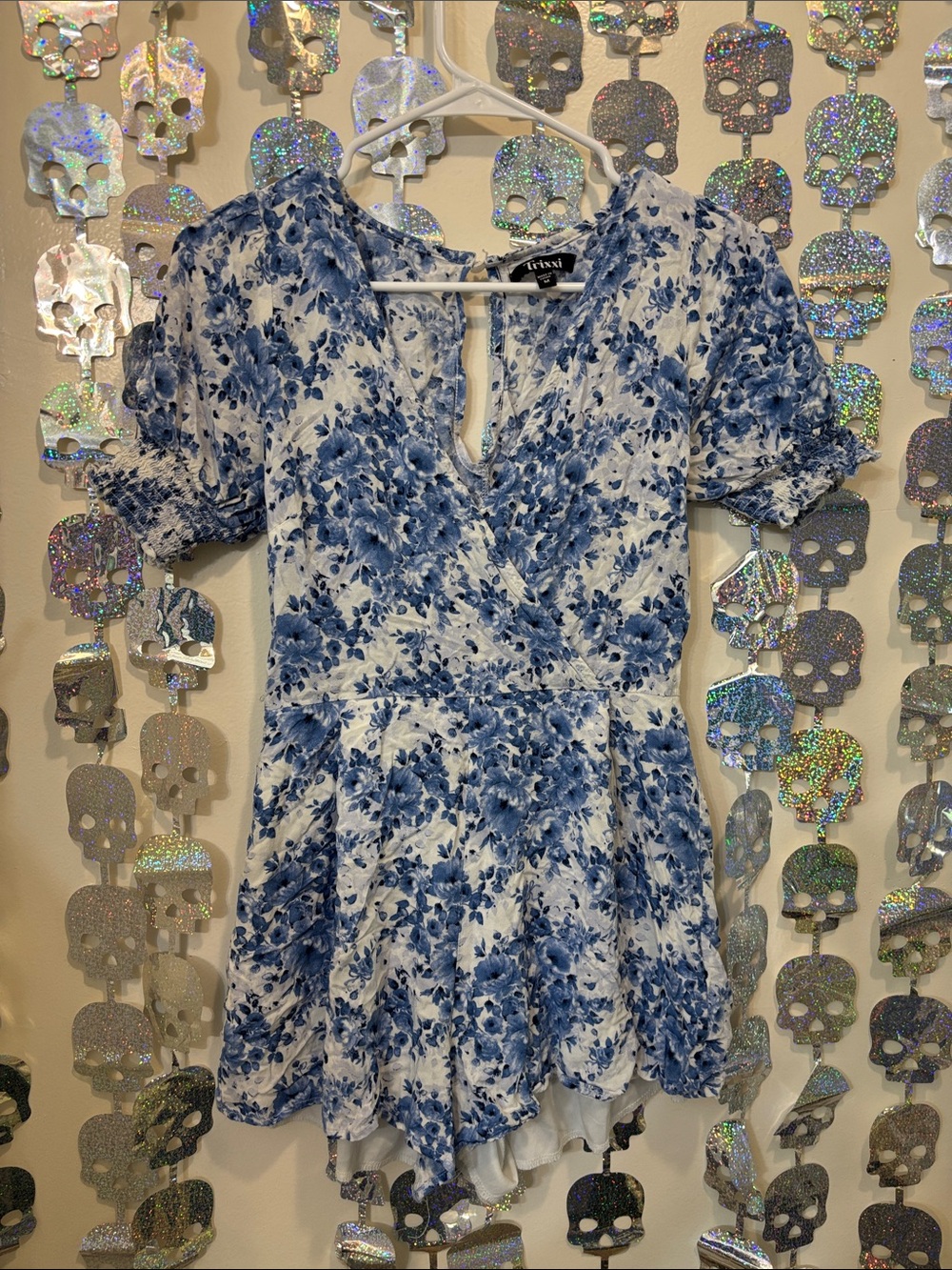 Trixxi Blue and White Floral Wrap-Style Peplum Top